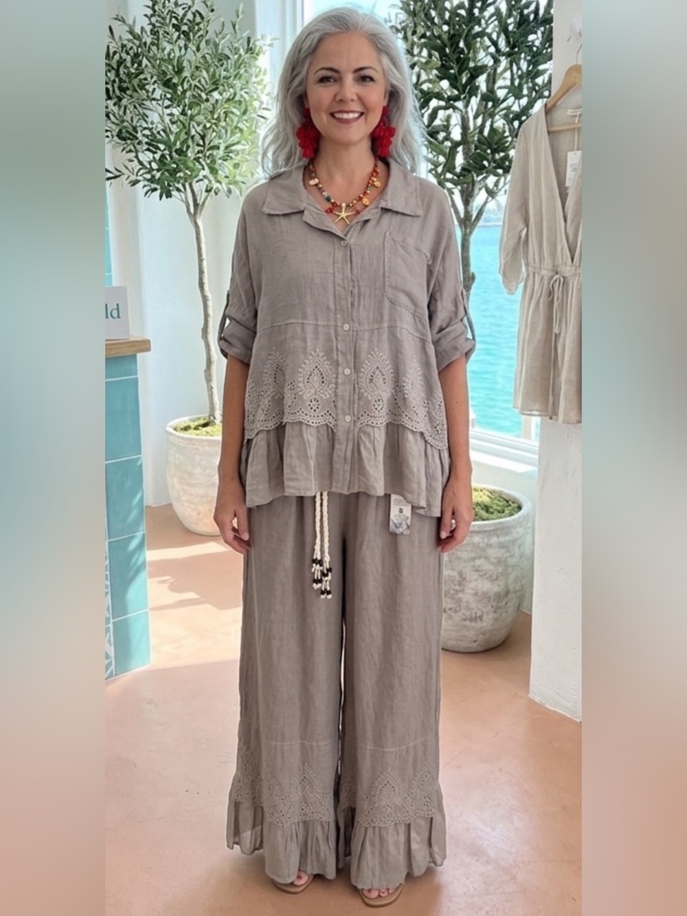 Rashasworld 100% linen taupe embroidered ruffle Wide Leg Pants & Top Set O/S
